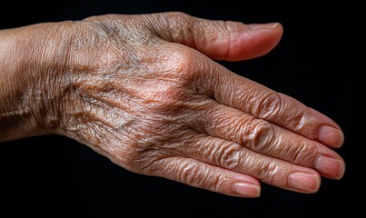 Fototapeta premium Close-up of an elderly woman's wrinkled hand against a black background.