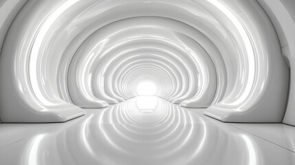 Naklejka premium Futuristic white tunnel with glowing arches and reflective floor.