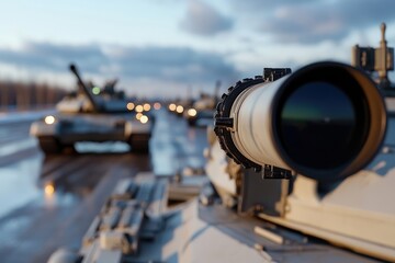 A close-up view of a military tank turret with a blurred tank column moving in the background, highlighting the strength and precision of armored warfare.