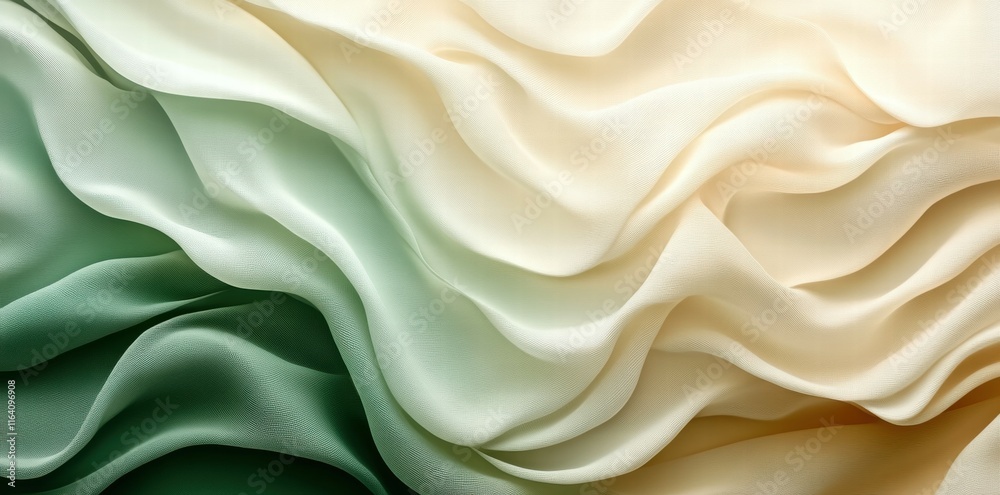 Poster a flowing fabric design featuring soft gradients of green and cream colors.