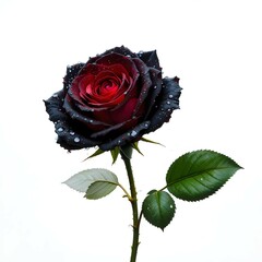Stunning Black Rose with Water Droplets and Green Leaves on a White Background