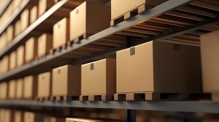 Fototapeta premium Cardboard boxes stacked on metal shelves with wooden pallets in a warehouse.