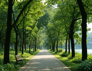 Fototapeta premium Serene Path Through Green Canopy: A tranquil, sun-dappled pathway winds through a lush forest, inviting you to wander and find peace. The vibrant green foliage creates a sense of tranquility.