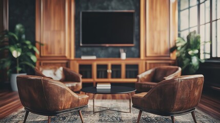 Luxurious Living Room Interior Design with Leather Armchairs and Wooden Paneling