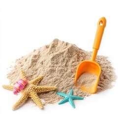 Sand pile with plastic shovel beach toy Isolated on White Background Generative AI