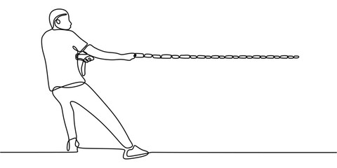 Fototapeta premium One line drawing of a man pulling a rope, representing determination and overcoming obstacles.