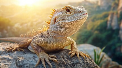 Fototapeta premium Reptile Sunbathing on Rocks in Jungle Setting