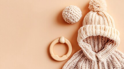 Cozy Knitted Baby Hat and Yarn Ball on Soft Beige Surface with Wooden Teether Ring