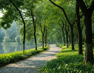 Obraz premium Serene Path Through Verdant Canopy: A picturesque pathway winds through a lush, green forest, bordered by a tranquil lake. The sunlight filters through the dense foliage.
