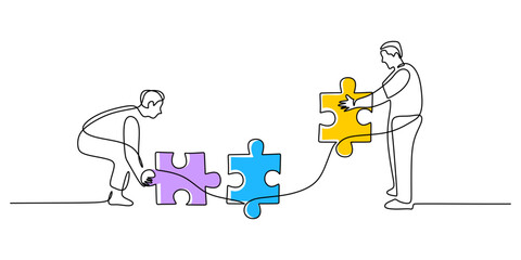 People assembling puzzle pieces in a continuous one line drawing, symbolizing teamwork and collaboration.