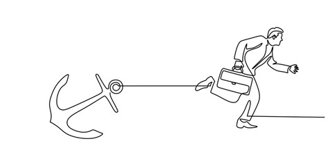 One line drawing of a man running with a suitcase tied to an anchor, symbolizing determination and obstacles.