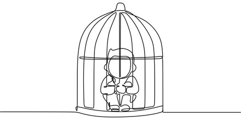One line drawing of a child inside a cage, symbolizing restriction, isolation, and the need for freedom.