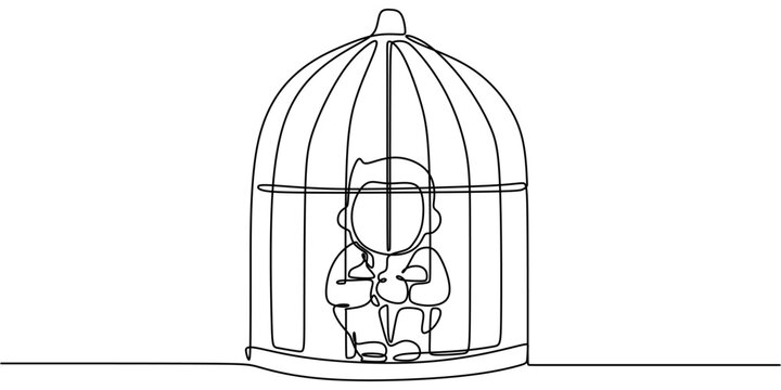One line drawing of a child inside a cage, symbolizing restriction, isolation, and the need for freedom.