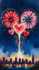 Fototapeta premium Romantic fireworks display over city skyline at night, heart-shaped bursts of color against dark blue night sky.