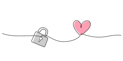 Continuous one line drawing of a padlock and love symbol, representing security and the complexity of love.