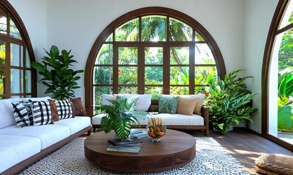 Japanese style rounded windows and doors shoji in tropical themed living room