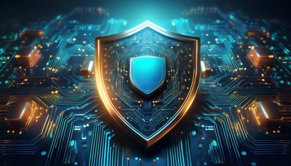 Fototapeta premium A glowing shield graphic set against a digital circuit background, symbolizing cybersecurity and protection in technology.