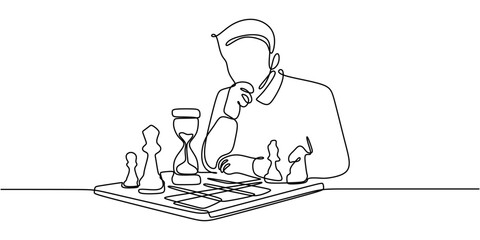 Continuous one line drawing of a man playing chess with an hourglass, representing thoughtful planning and patience.