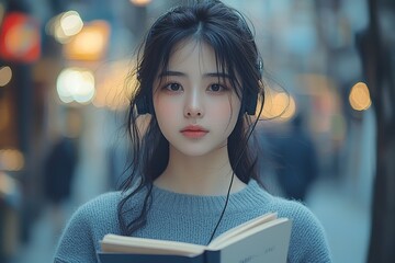 A young Asian female college student is using a digital tablet in the college library