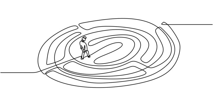 One line drawing of a person in a maze, symbolizing confusion and the search for direction in life.