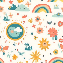 Naklejka premium Cute cartoon seamless pattern with Earth, sun, and rainbow, earth day pattern