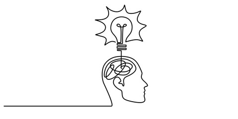 Continuous one line drawing of a head with a brain and light bulb, symbolizing ideas, innovation, and realization.