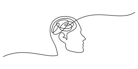 Continuous one line drawing of a head with a brain, symbolizing intelligence, thought processes, and growth.