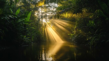 Fototapeta premium Sunlit Jungle River with Vibrant Colors and Soft Lighting