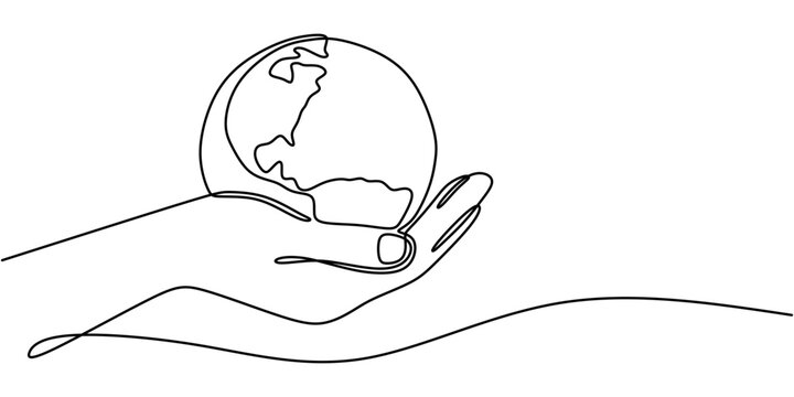 Continuous one line drawing of a hand cradling the Earth, symbolizing sustainability and global care.