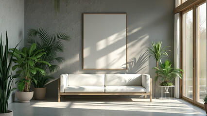 Serene Modern Minimalist Living Room with Textured Gray Wall, Sleek Canvas Art, Sunlight, and Lush Green Plants
