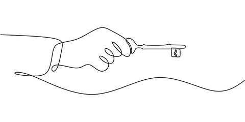 Hand holding a key in continuous line drawing, symbolizing opportunity and unlocking potential.