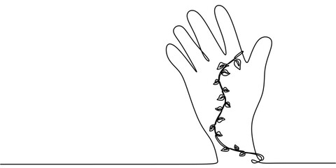 Hand surrounding a seedling in continuous line drawing, symbolizing nurturing and growth.