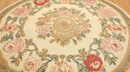 Ornate floral rug featuring a circular design with roses.