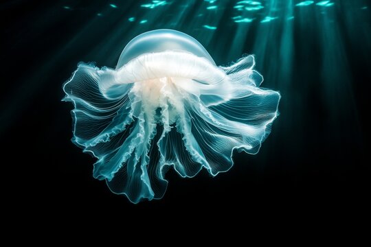 A beautiful moon jellyfish hovering in a calm underwater scene, its delicate structure softly illuminated