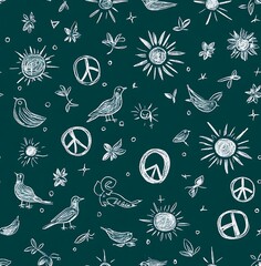 Dark teal background with a doodle seamless pattern of peace signs, birds, suns, leaves, hearts, and stars