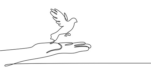 Continuous line drawing of a hand offering a dove, symbolizing hope and peace.