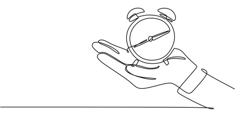 Continuous line drawing of a hand holding a clock, depicting the fleeting nature of time.