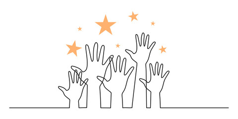Hands reaching for the stars in continuous line drawing, symbolizing ambition and dreams.