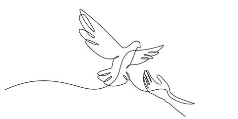 Hand offering a dove in continuous line drawing, symbolizing love and goodwill.