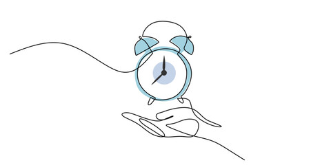 Hand holding a clock in continuous line drawing, symbolizing the passage of time.