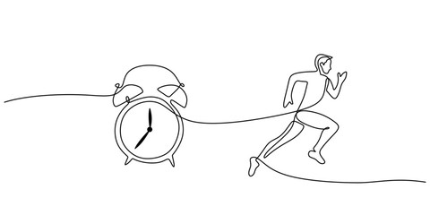 Clock and man running in continuous line drawing, symbolizing urgency and time management.