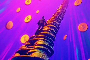 Businessman Climbing Coin Ladder in Cartoon Style