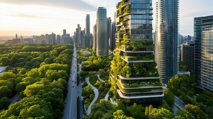 Obraz premium Aerial view of a modern sustainable cityscape with lush greenery and futuristic eco-architecture blending nature and urban life. Generative AI.