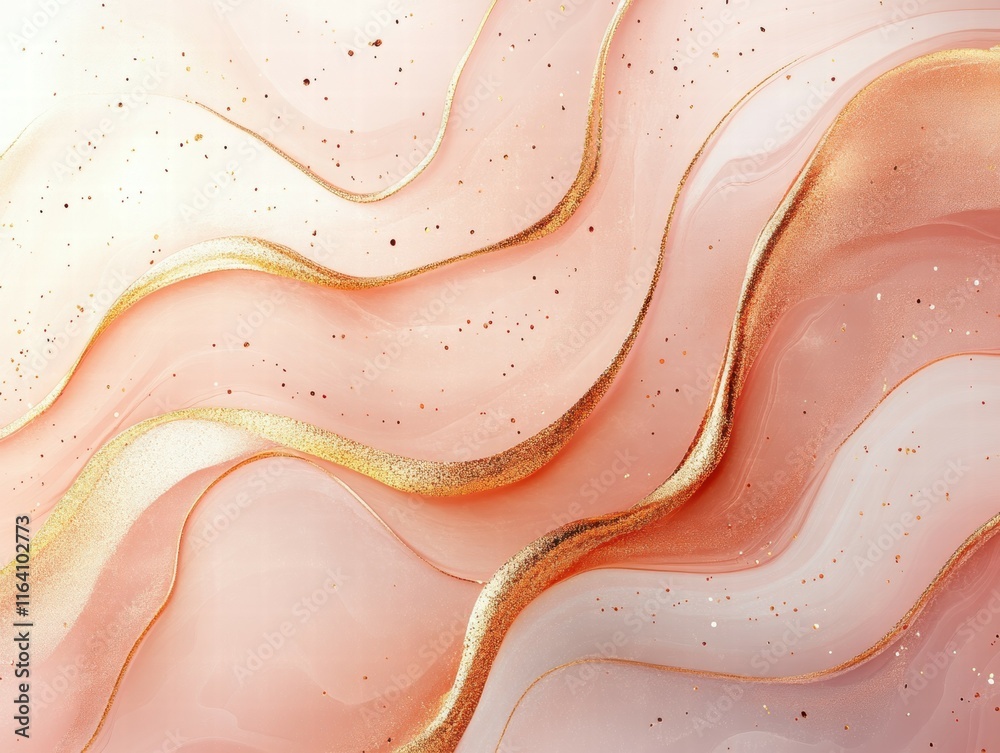 Poster abstract design featuring soft pink waves with golden accents and a shimmering texture.