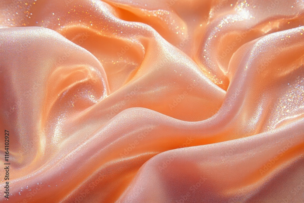 Poster a close-up of shimmering peach satin fabric, showcasing its smooth texture and gentle folds.