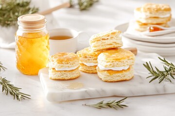 A cozy kitchen scene featuring a honey jar, tea cups, and a plate of biscuits on a marble countertop