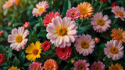 Fototapeta premium A Beautiful Field of Flowers with the Sun Glowing Behind, Creating a Warm, Radiant Atmosphere