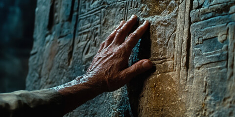 A hand reaches out to touch ancient carvings on a stone wall, illuminated by soft light that reveals intricate details of the historic inscriptions.