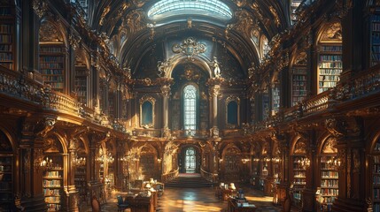 Obraz premium A 3D depiction of an old library featuring antique books placed in an orderly fashion on wooden shelves, evoking a nostalgic and academic ambiance, presented as a digital illustration