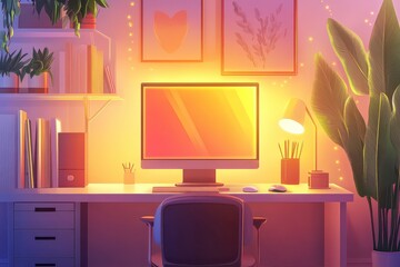 Cozy Minimalistic Home Office Setup with Soft Lighting